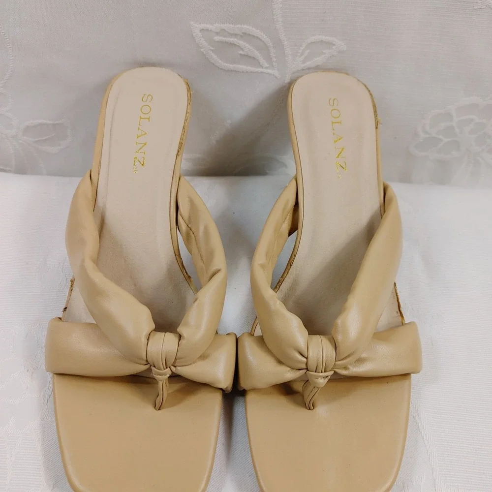 Solanz Sandal Lexi Women Size 8.5 Tan Beige Open Toe Slip On Block Heel Shoes